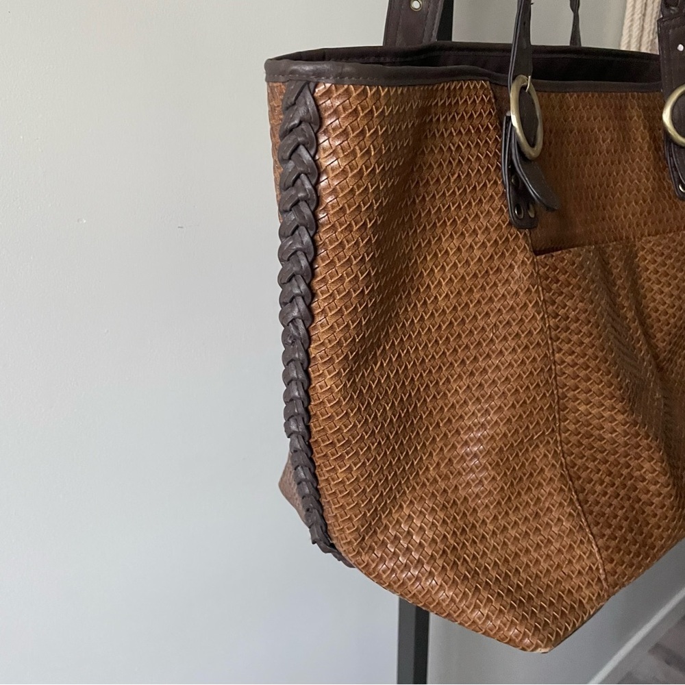 Bueno Large Woven Braided Boho Tote Bag XL Purse Brown Cognac Vegan Faux Leather - Picture 5 of 11